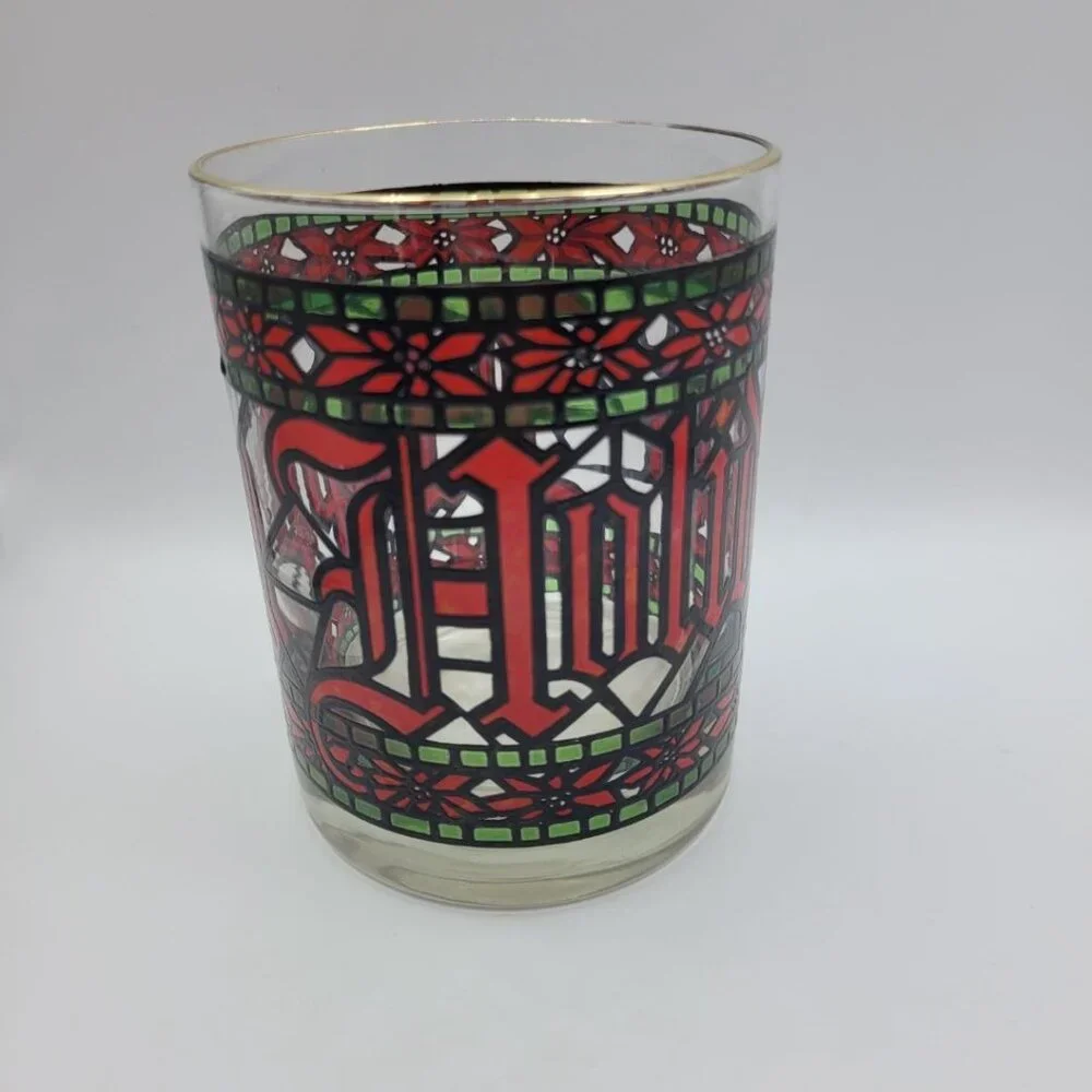 Houze Happy‎ Holidays Stained Glasses Cups Red Green Gold Poinsettia Christmas
